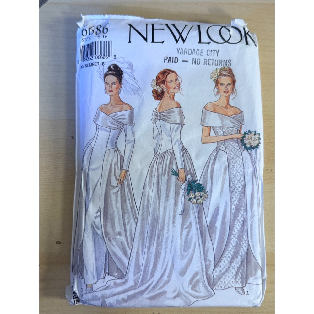 Uncut New Look Sewing Pattern 6686 Size 6-16 White Bridal Gown 90s Wedding Core